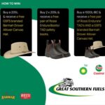 Great Southern Fuel Supplies promotion featuring Rossi Boots and Barmah Hats, offering free gifts with lubricant purchases between March 13th and May 31st, 2025.