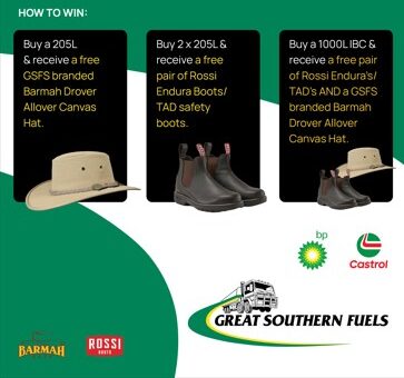 Great Southern Fuel Supplies promotion featuring Rossi Boots and Barmah Hats, offering free gifts with lubricant purchases between March 13th and May 31st, 2025.